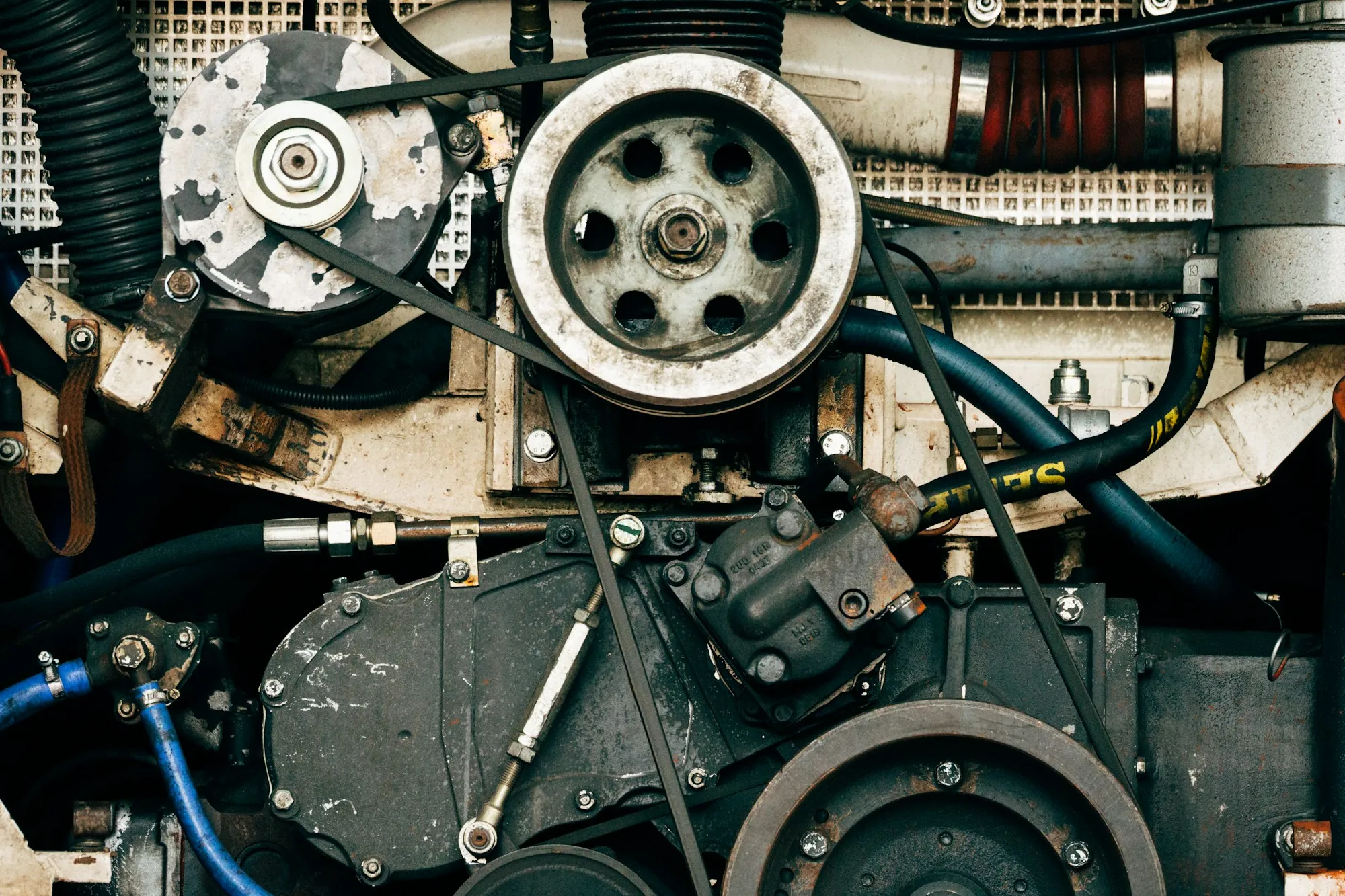 Engine valve gear and timing parts in close detail